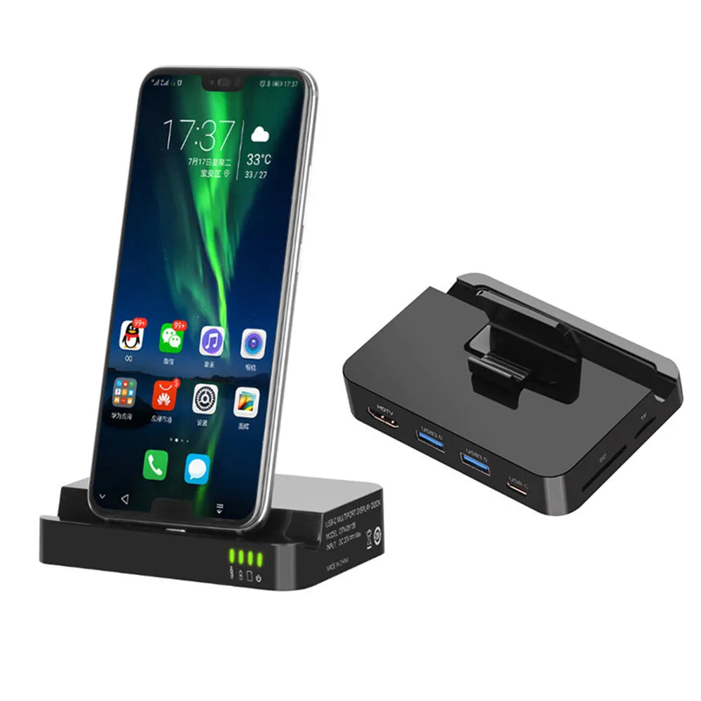 Black mobile phone dock converter for HD display connections with 5Gbps data speed.