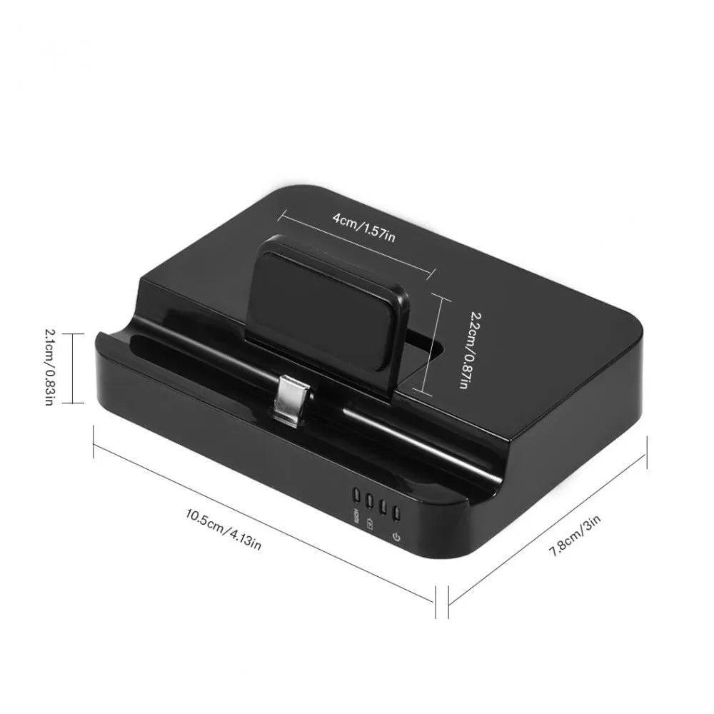 Black mobile phone dock converter for HD display connections with 5Gbps data speed.