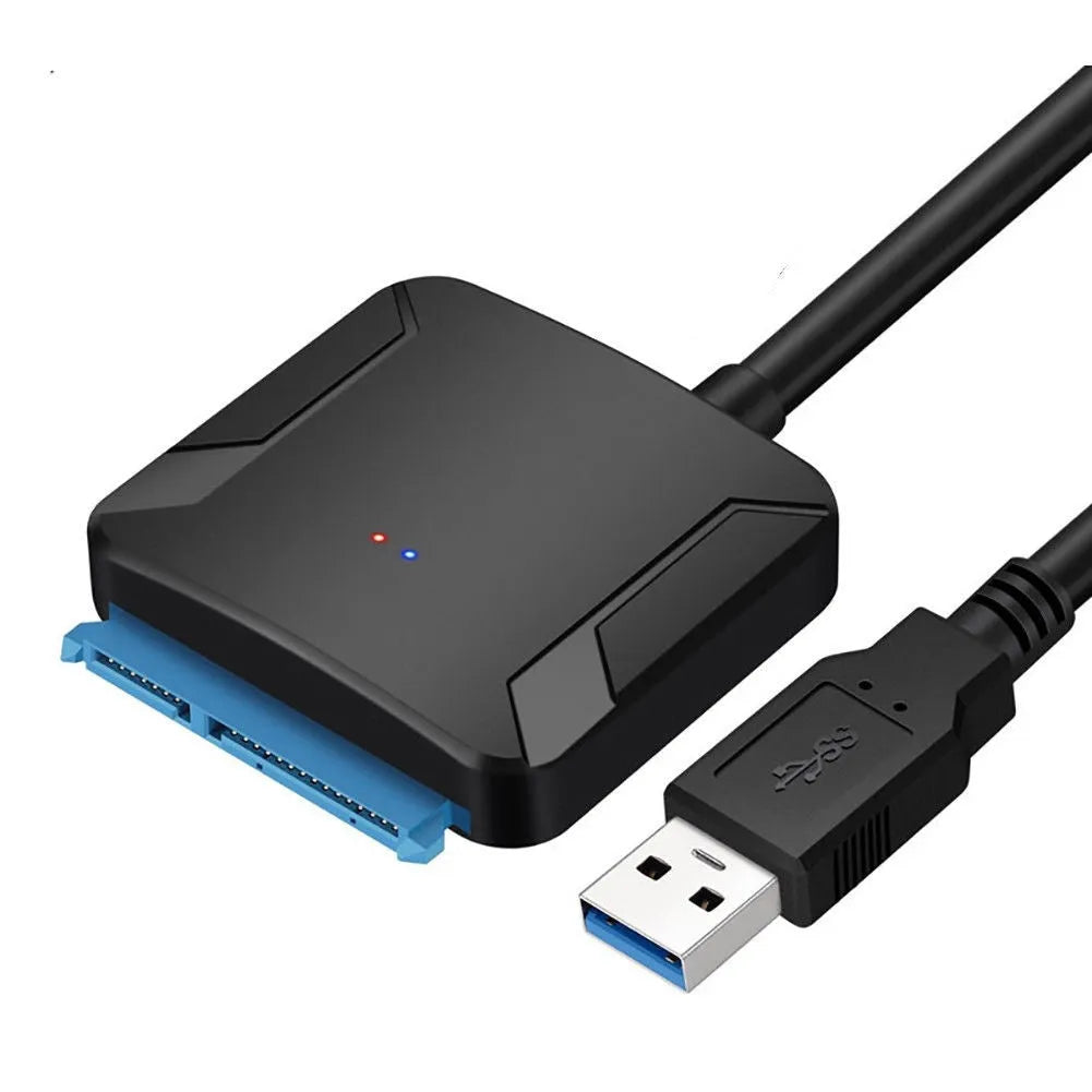 Black USB 3.0 to SATA adapter cable connecting hard drive to computer