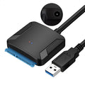 Black USB 3.0 to SATA adapter cable connecting hard drive to computer