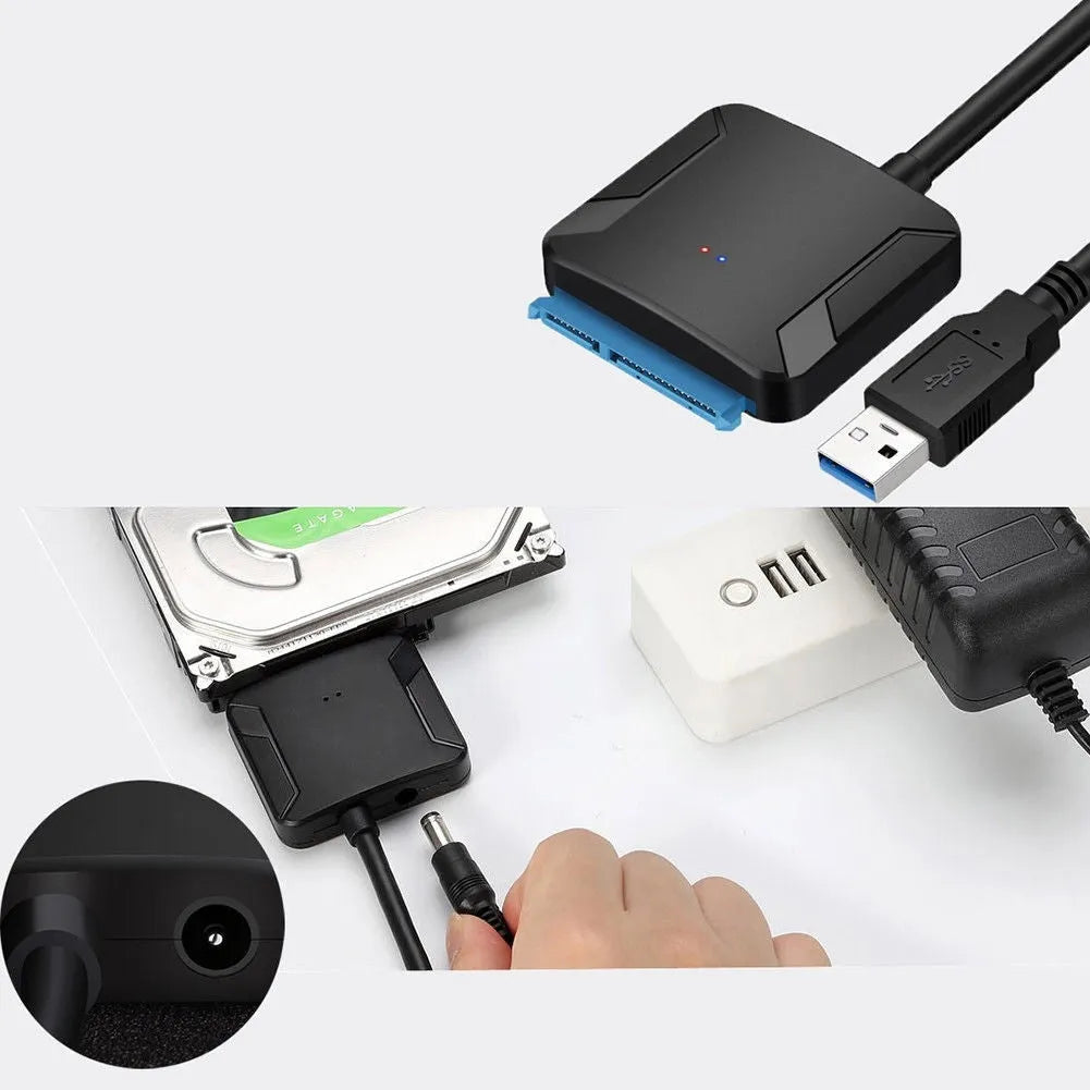 Black USB 3.0 to SATA adapter cable connecting hard drive to computer