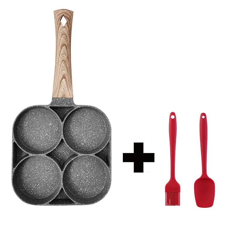 Aluminium four-hole non-stick frying pan with wooden handle for making eggs and burgers.