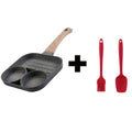 Aluminium four-hole non-stick frying pan with wooden handle for making eggs and burgers.