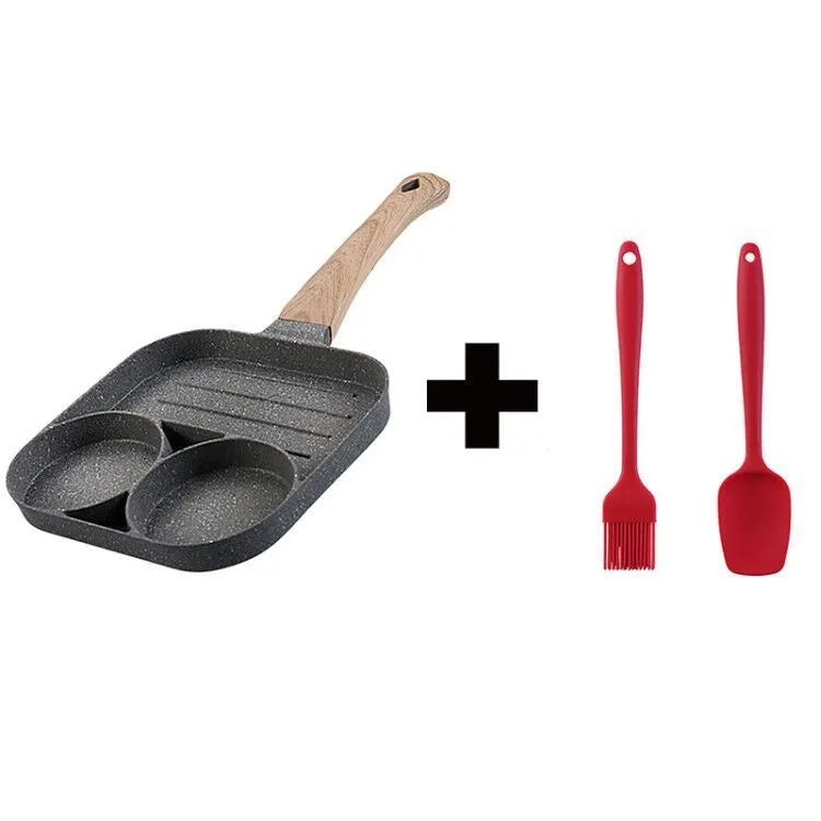 Aluminium four-hole non-stick frying pan with wooden handle for making eggs and burgers.