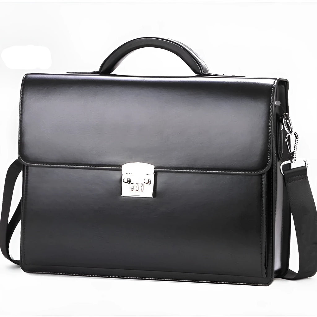 Black and brown men's PU leather business briefcase with zipper opening and single handle.