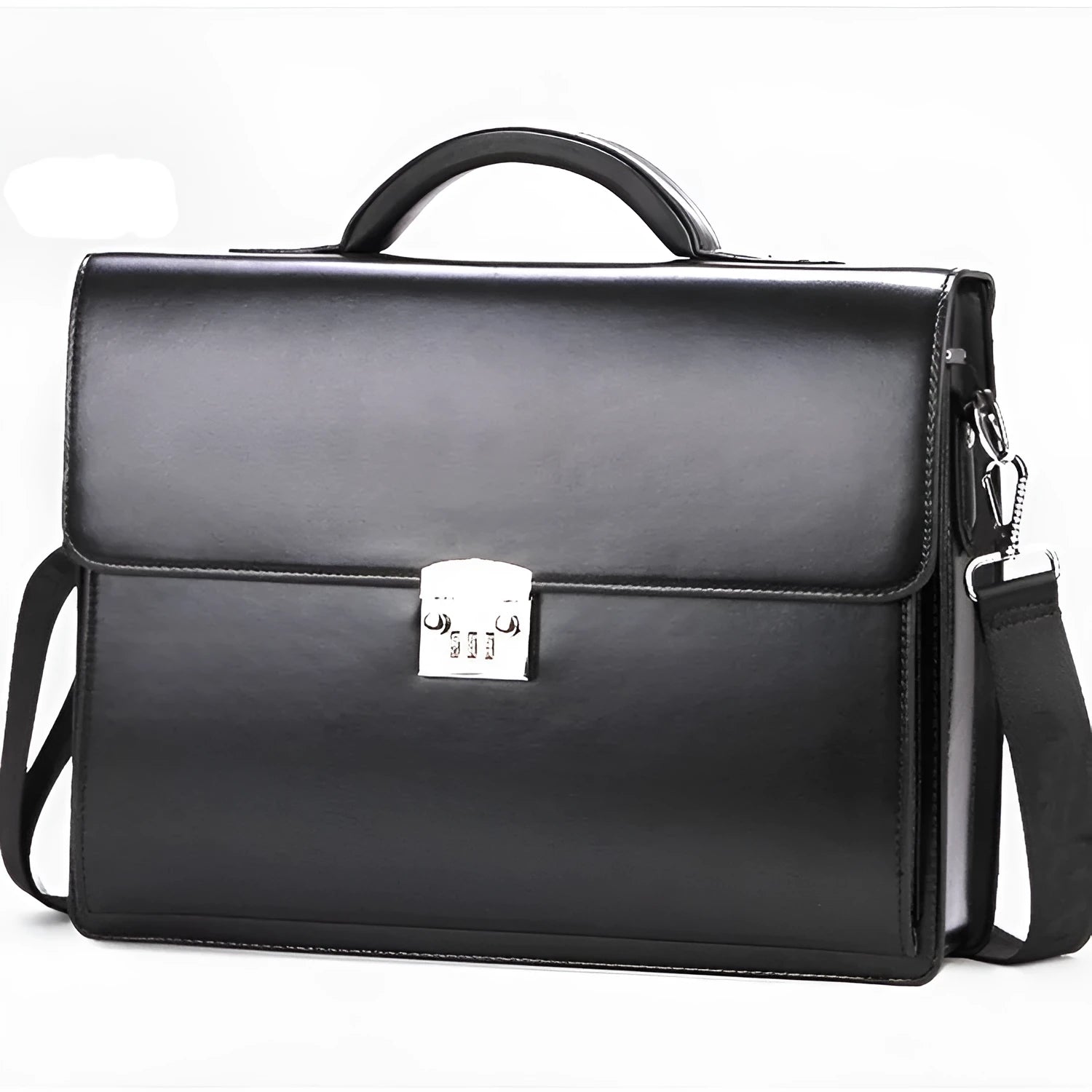 Black and brown men's PU leather business briefcase with zipper opening and single handle.