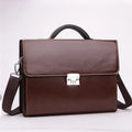 Black and brown men's PU leather business briefcase with zipper opening and single handle.