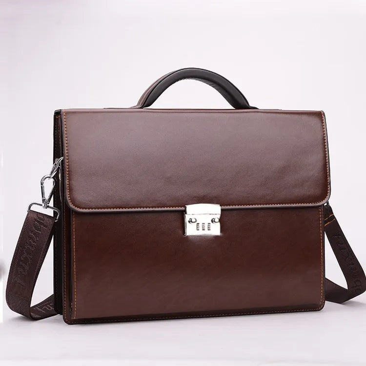 Black and brown men's PU leather business briefcase with zipper opening and single handle.