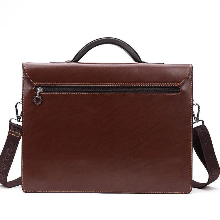 Black and brown men's PU leather business briefcase with zipper opening and single handle.