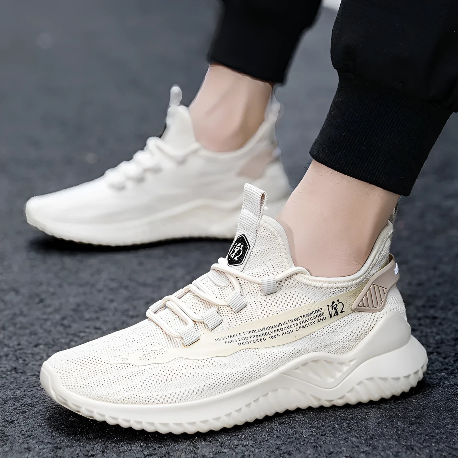 Men's white low-top mesh sports shoes with rubber sole and lace front.