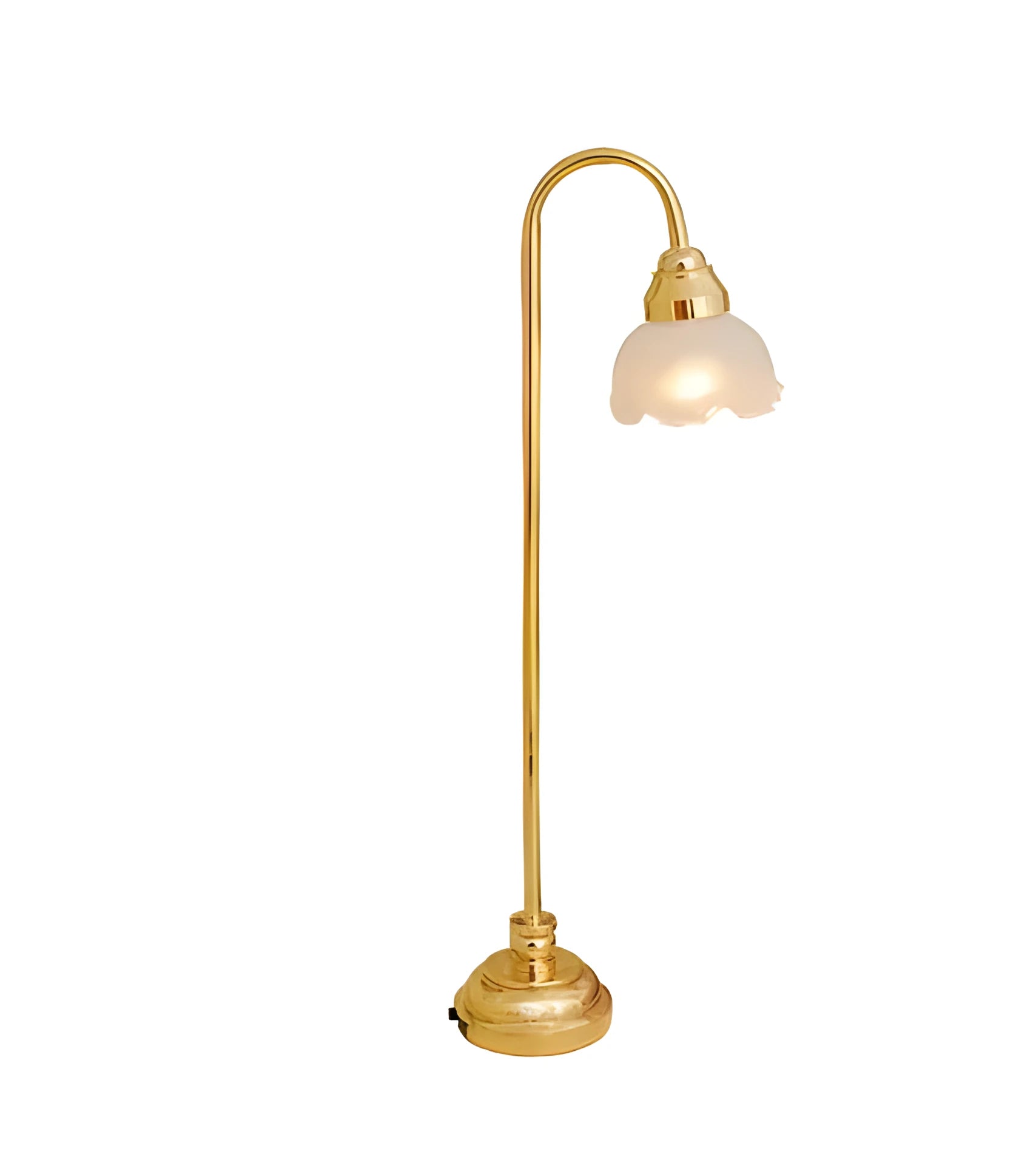 Dollhouse miniature LED floor lamp with glass shade and metal base on a white background.