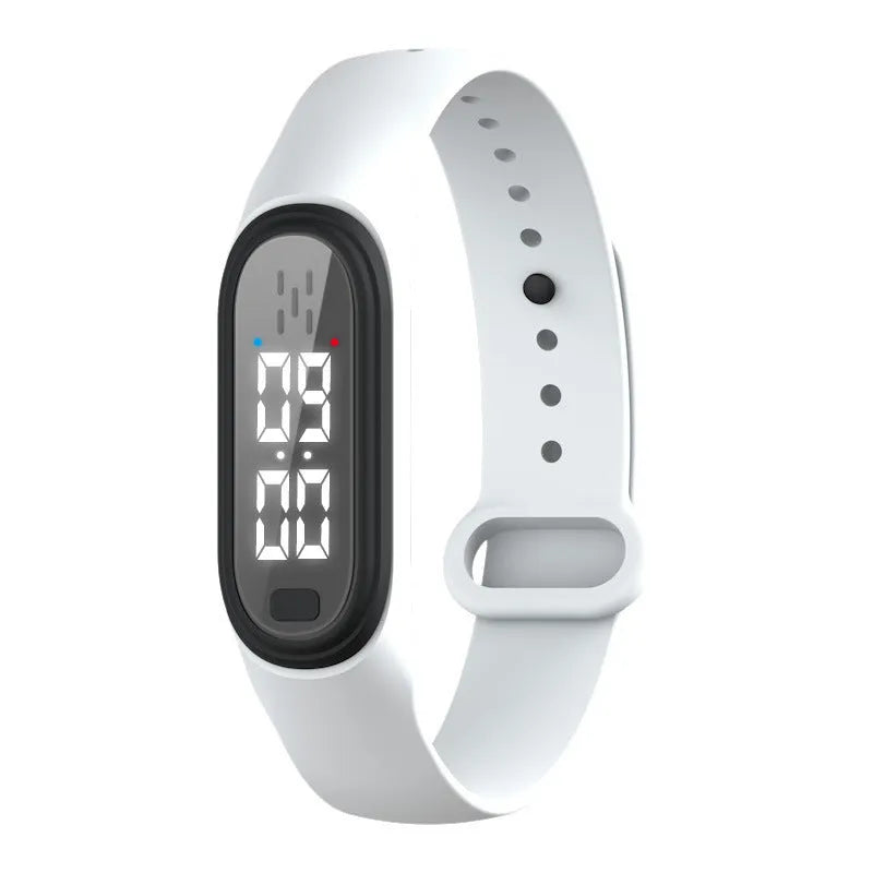 Ultrasonic electronic anti-mosquito bracelet worn on wrist in black, white, blue, or pink colours.