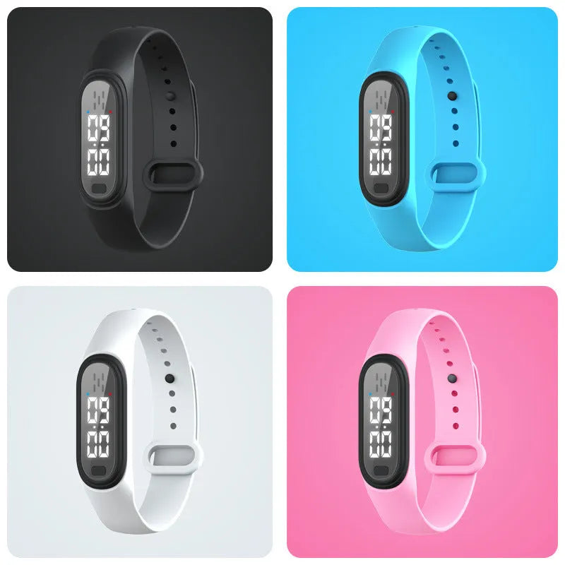Ultrasonic electronic anti-mosquito bracelet worn on wrist in black, white, blue, or pink colours.