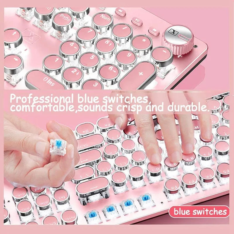 Technology Xinmeng Queen Lipstick mechanical keyboard with round green switch keys and silver pink colour scheme