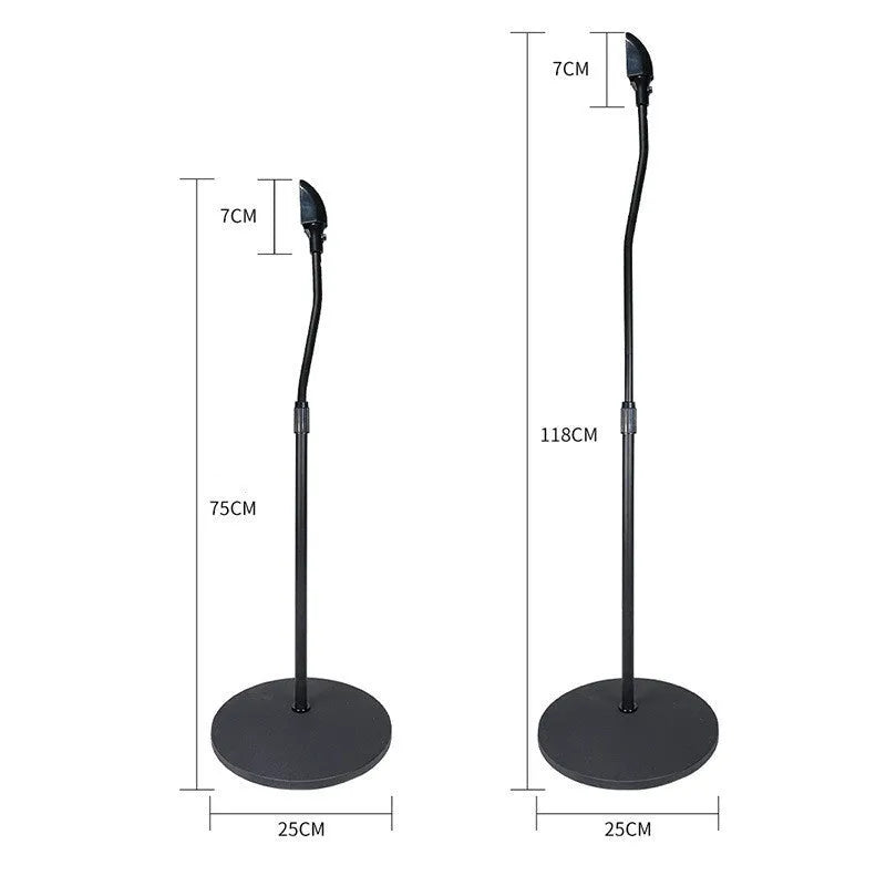 Black tripod speaker stand holding a satellite bookshelf speaker, compatible with Apple iPhone.