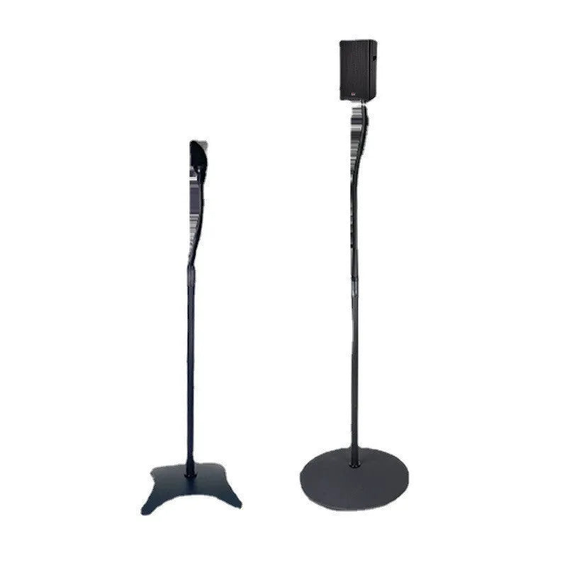 Black tripod speaker stand holding a satellite bookshelf speaker, compatible with Apple iPhone.