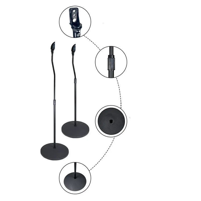 Black tripod speaker stand holding a satellite bookshelf speaker, compatible with Apple iPhone.