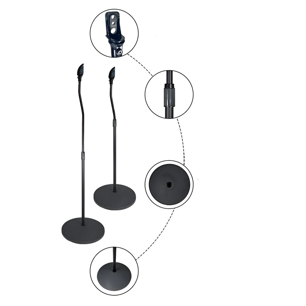 Black tripod speaker stand holding a satellite bookshelf speaker, compatible with Apple iPhone.