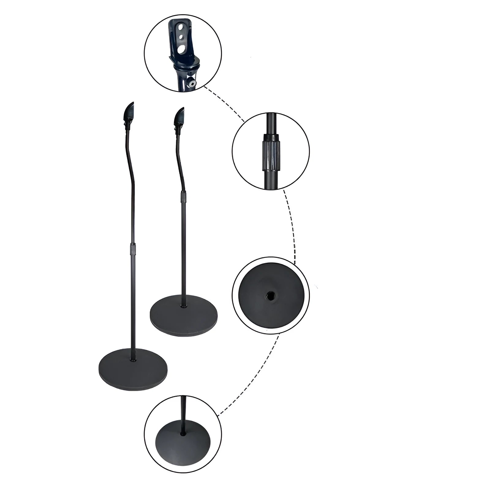Black tripod speaker stand holding a satellite bookshelf speaker, compatible with Apple iPhone.