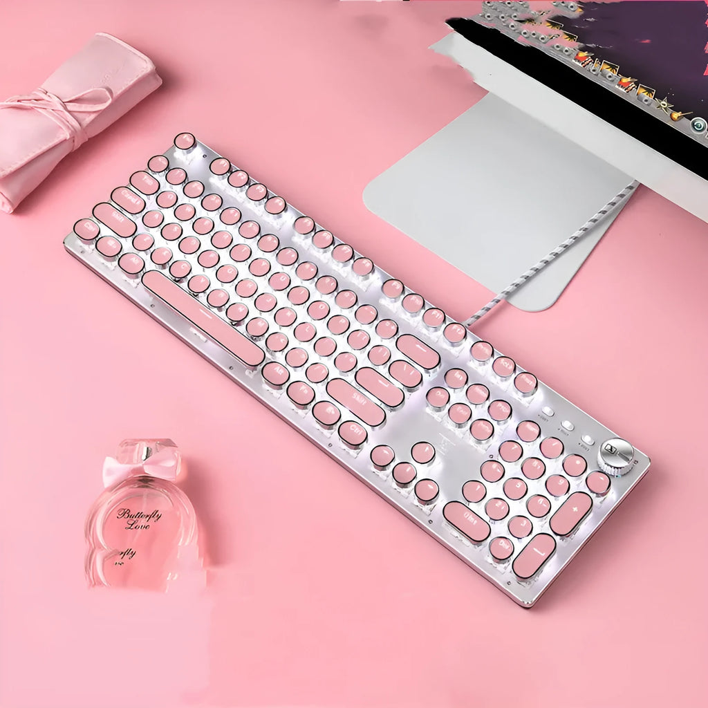 Technology Xinmeng Queen Lipstick mechanical keyboard with round green switch keys and silver pink colour scheme