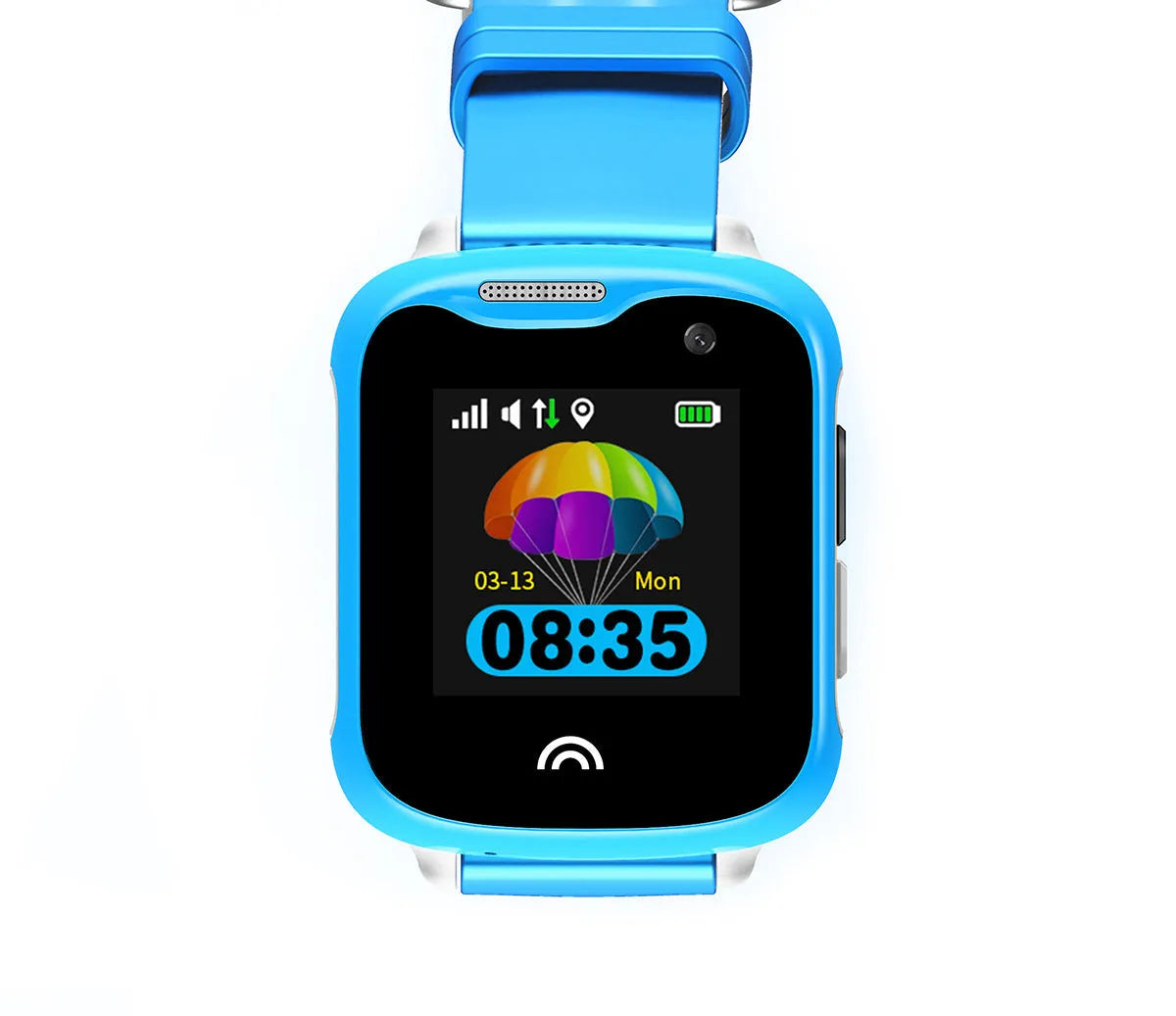 Children's black waterproof smartwatch with touch screen on a silicone strap