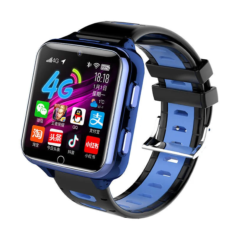 Children's smart watch with coloured silicone strap and a 1.54-inch touchscreen on wrist.