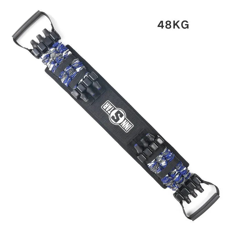 Camouflage bench press elastic belt with three-level resistance adjustment on a workout bench