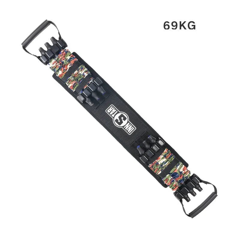 Camouflage bench press elastic belt with three-level resistance adjustment on a workout bench
