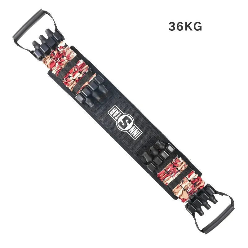 Camouflage bench press elastic belt with three-level resistance adjustment on a workout bench