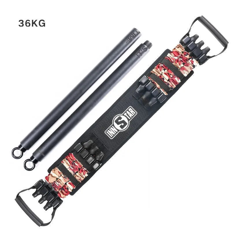 Camouflage bench press elastic belt with three-level resistance adjustment on a workout bench