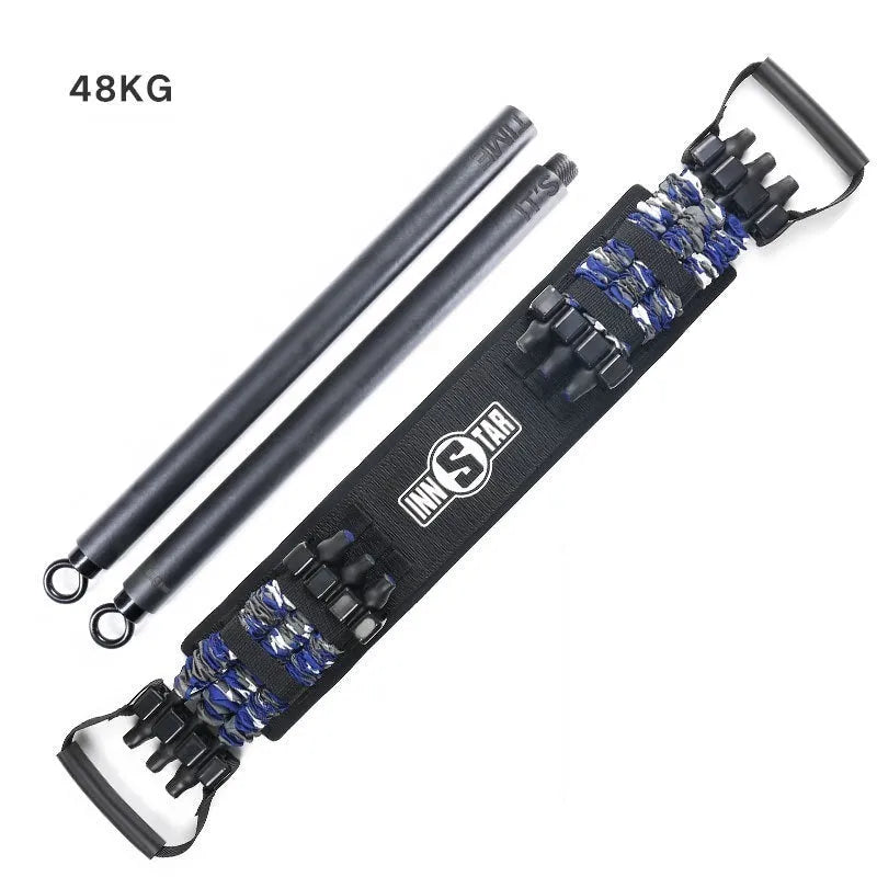Camouflage bench press elastic belt with three-level resistance adjustment on a workout bench