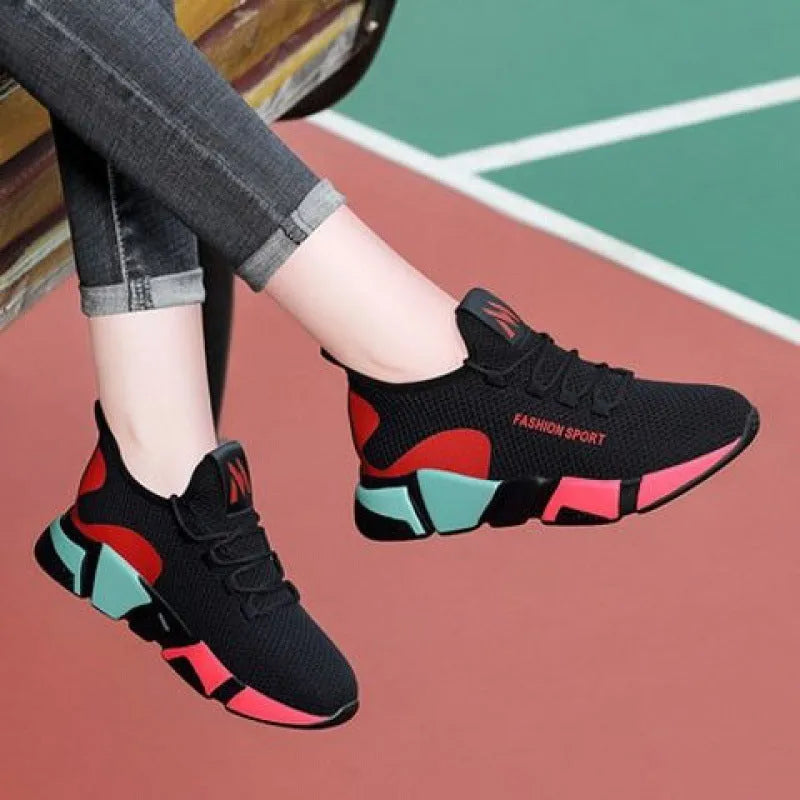 Women's lace-up platform sports shoes in wedge heel style, breathable upper, round toe, red colour