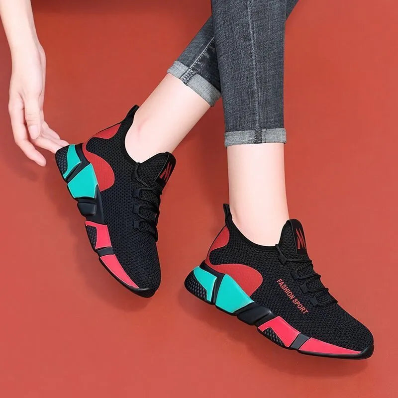 Women's lace-up platform sports shoes in wedge heel style, breathable upper, round toe, red colour
