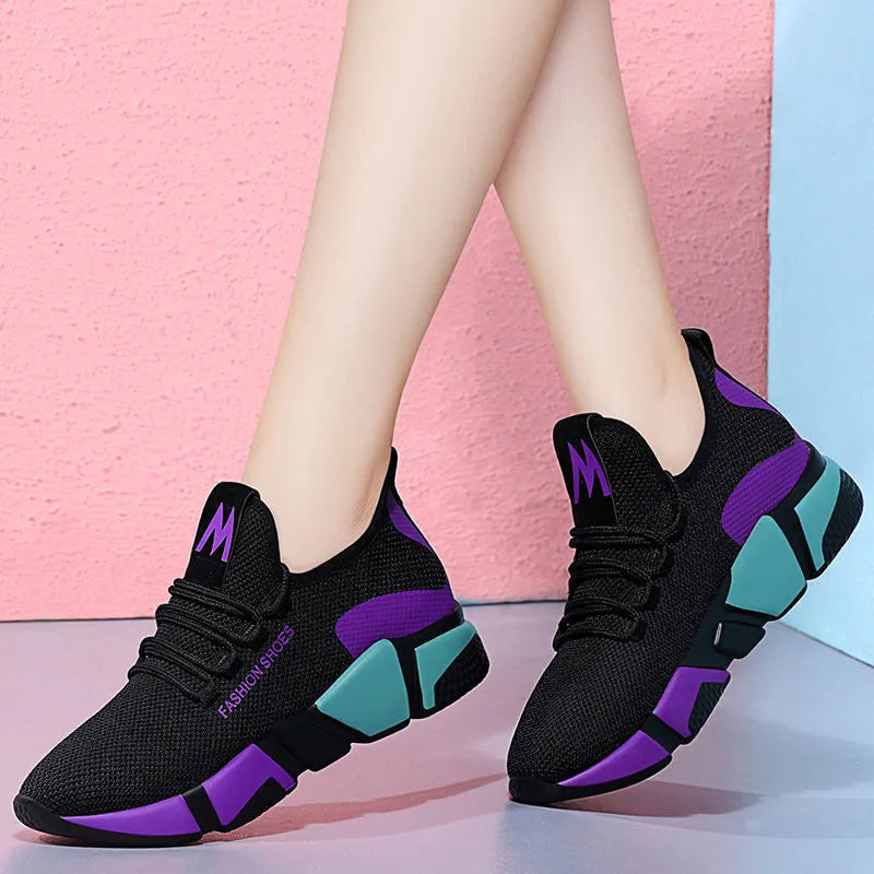Women's lace-up platform sports shoes in wedge heel style, breathable upper, round toe, red colour