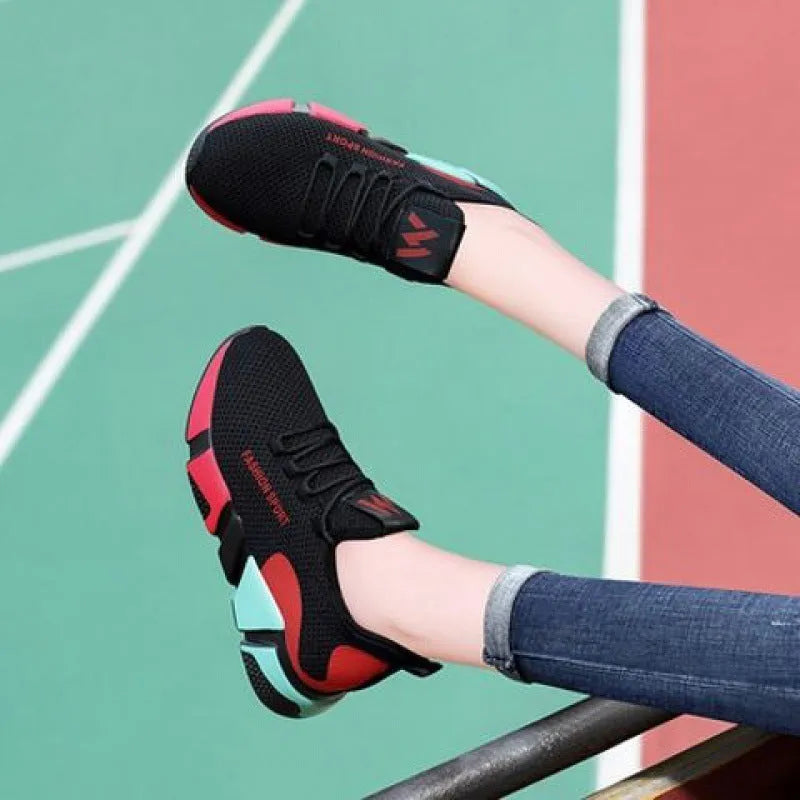 Women's lace-up platform sports shoes in wedge heel style, breathable upper, round toe, red colour