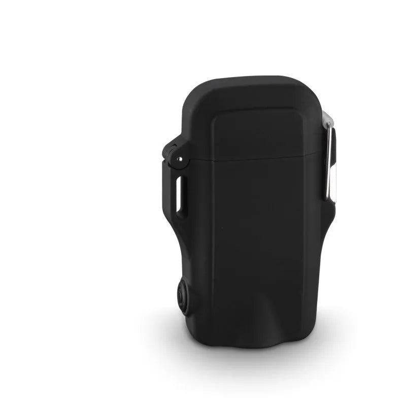 Waterproof plastic power bank with dual USB ports and integrated LED flashlight in multiple colours.
