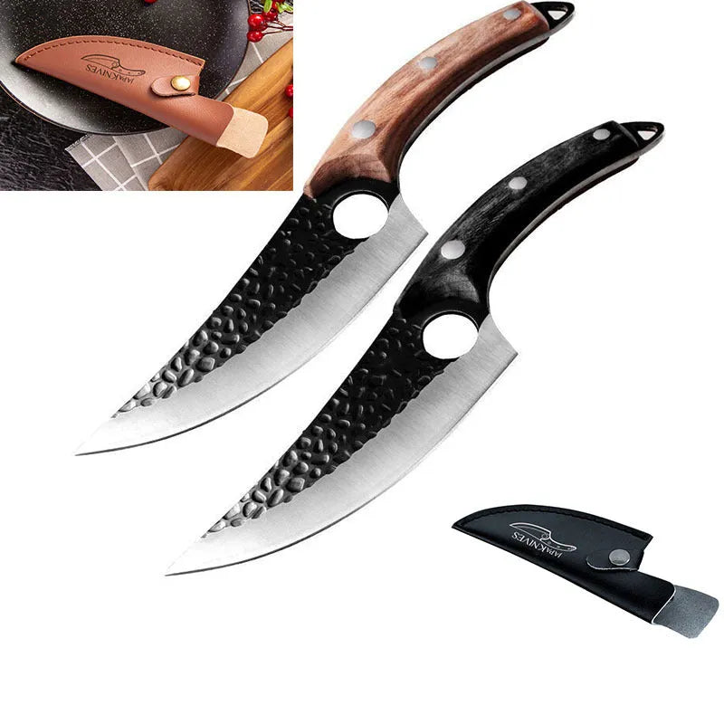 Butcher scimitar knife with curved blade and leather sheath for slaughtering and skinning animals