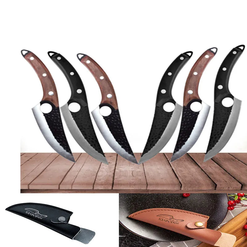 Butcher scimitar knife with curved blade and leather sheath for slaughtering and skinning animals