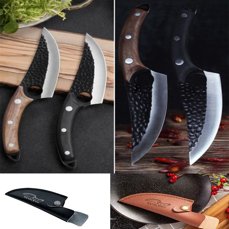 Butcher scimitar knife with curved blade and leather sheath for slaughtering and skinning animals