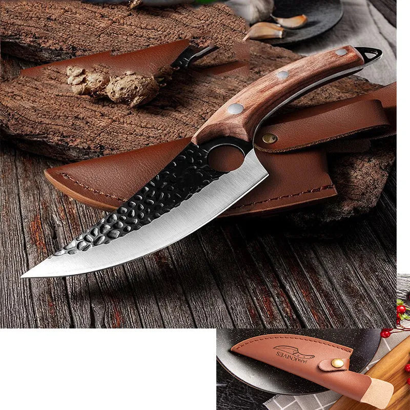 Butcher scimitar knife with curved blade and leather sheath for slaughtering and skinning animals