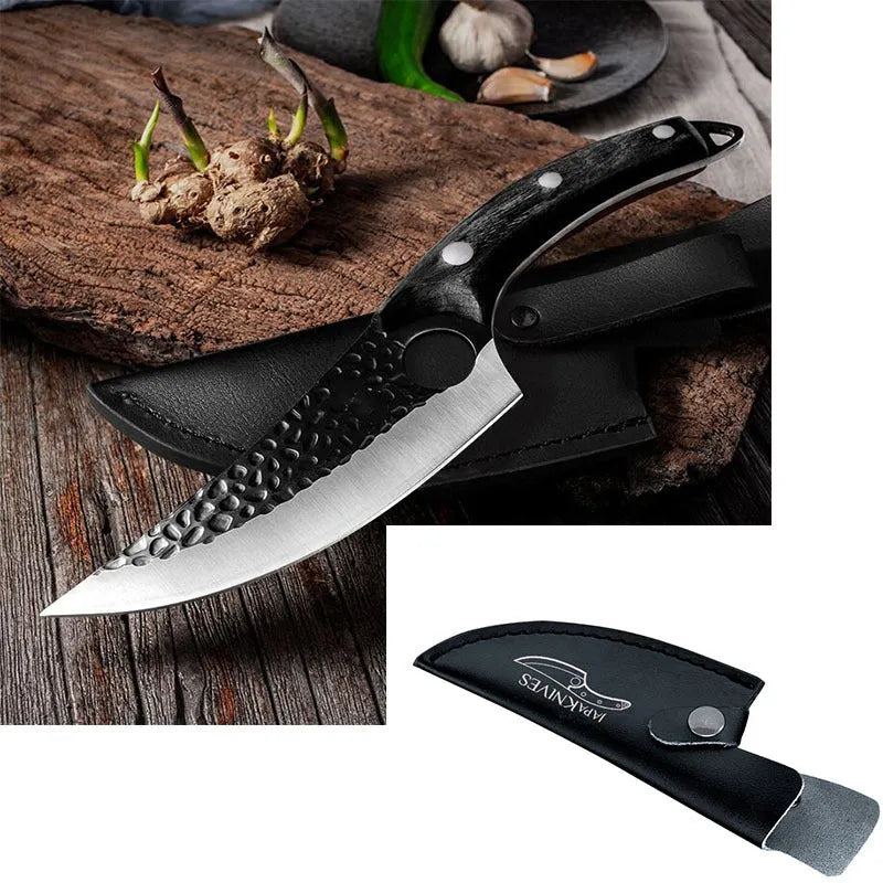 Butcher scimitar knife with curved blade and leather sheath for slaughtering and skinning animals