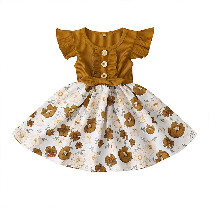 Girls sleeveless summer dress for toddlers shown in multiple colours with Asian size guide from 80cm to 120cm.