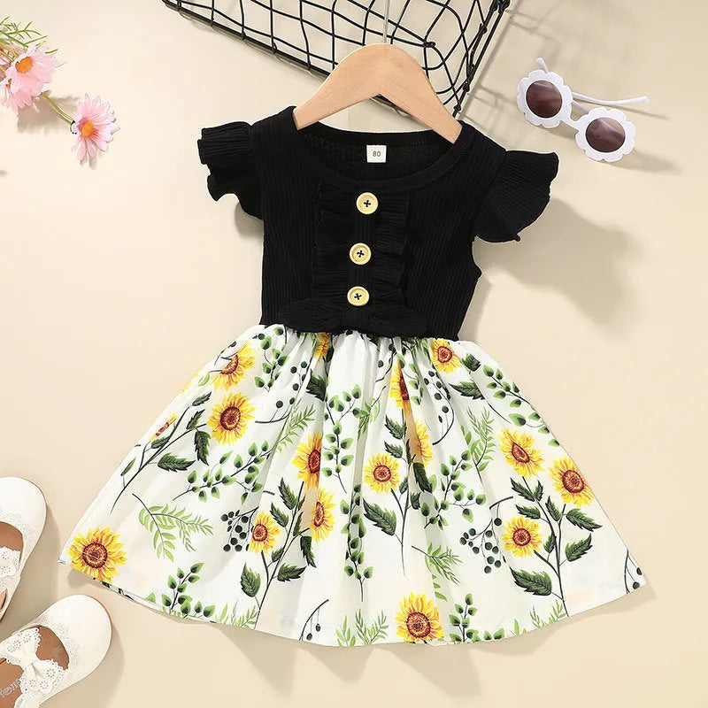 Girls sleeveless summer dress for toddlers shown in multiple colours with Asian size guide from 80cm to 120cm.