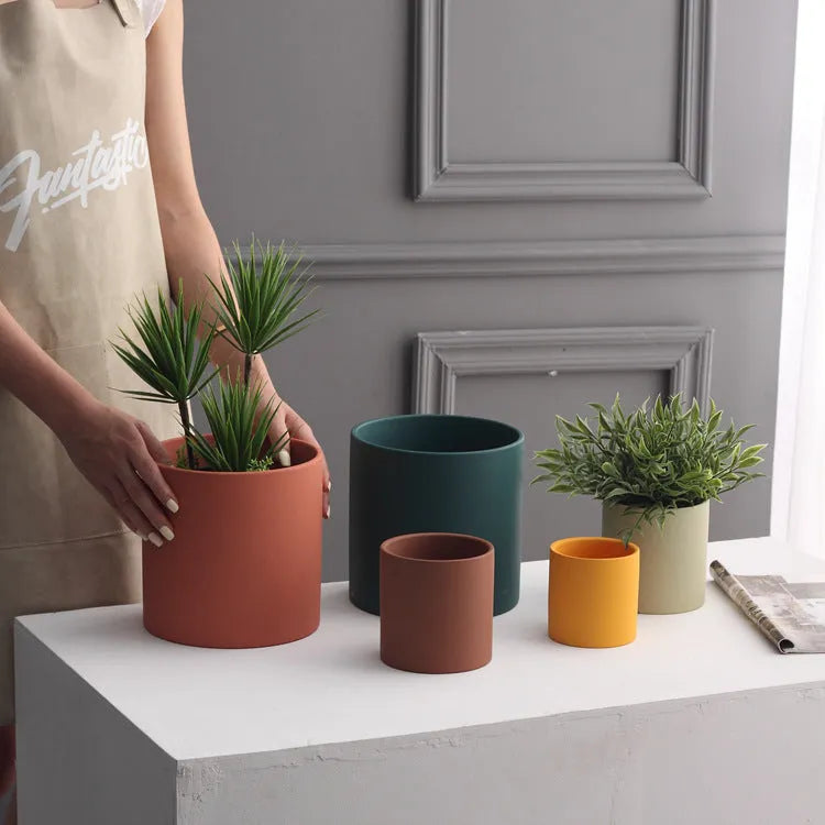 Nordic industrial style ceramic flowerpot with drainage hole in cylindrical shape, available in multiple colours and sizes