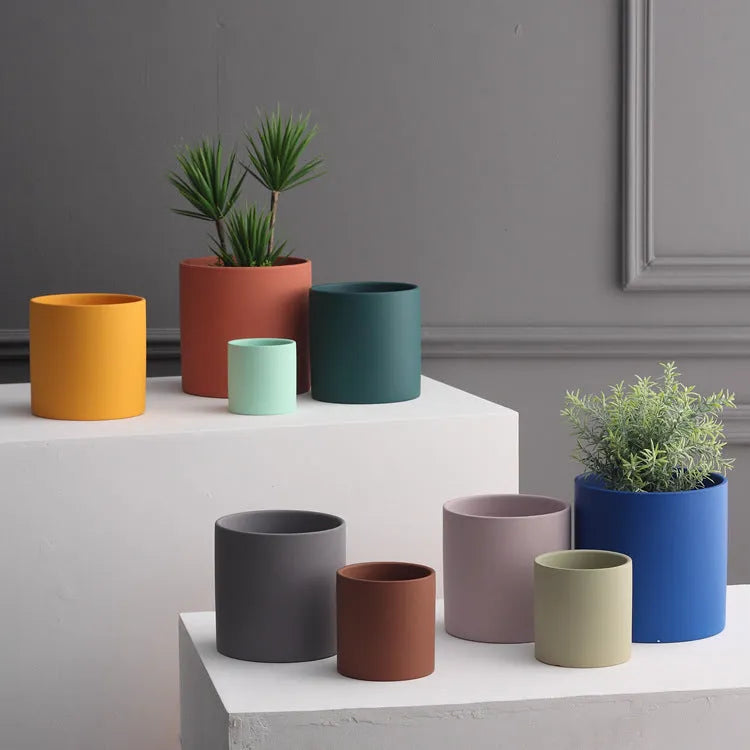 Nordic industrial style ceramic flowerpot with drainage hole in cylindrical shape, available in multiple colours and sizes