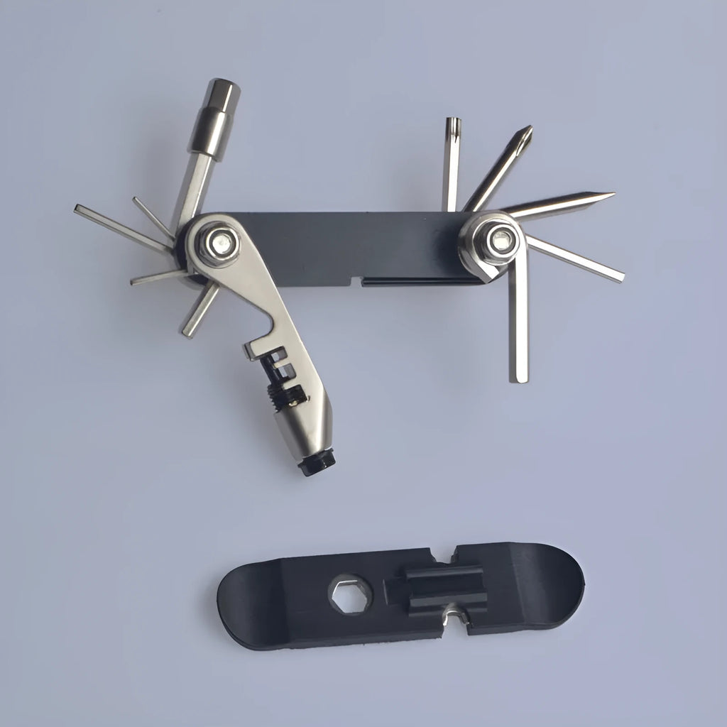 Chrome vanadium steel bicycle repair combination tool in black, red, yellow, or blue, showing compact size.