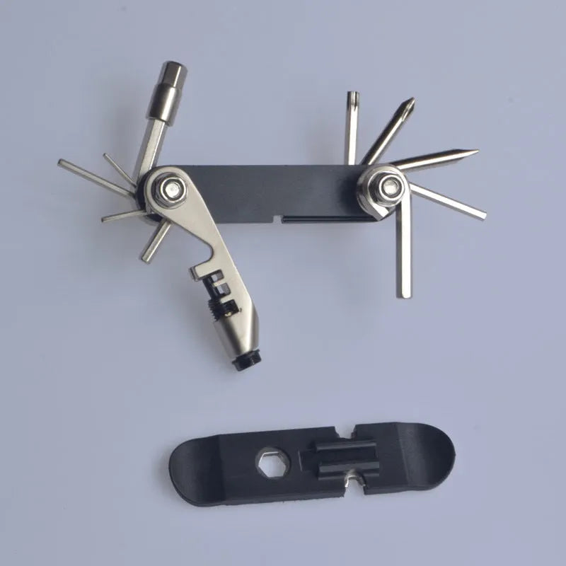 Chrome vanadium steel bicycle repair combination tool in black, red, yellow, or blue, showing compact size.