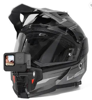 Black GoPro motorcycle helmet chin strap mount with adjustable nylon and silicone band and stainless steel buckle.