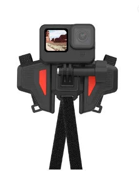 Black GoPro motorcycle helmet chin strap mount with adjustable nylon and silicone band and stainless steel buckle.