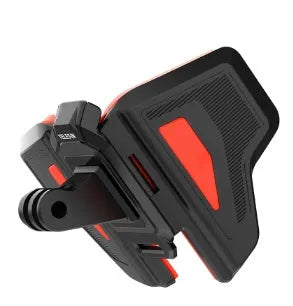 Black GoPro motorcycle helmet chin strap mount with adjustable nylon and silicone band and stainless steel buckle.